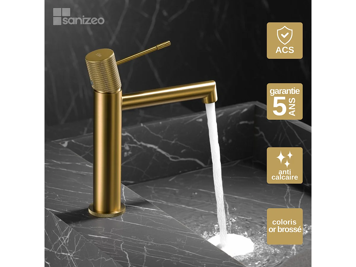 Mitigeur Lavabo Salle de Bain or brossé – Bec Bas Anti-Calcaire – Design moderne - LINE IMEX