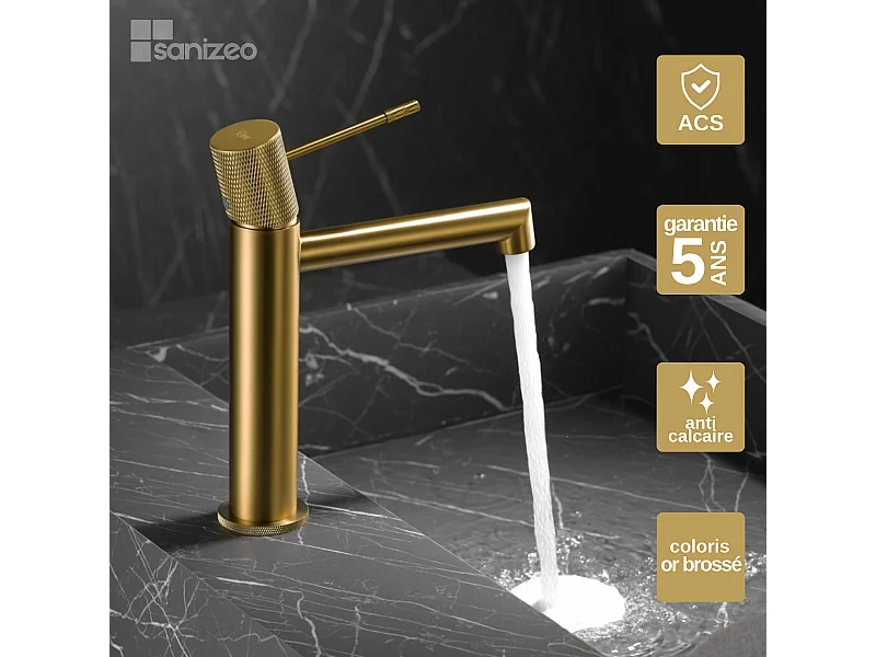 Mitigeur Lavabo Salle de Bain or brossé – Bec Bas Anti-Calcaire – Design moderne - LINE IMEX