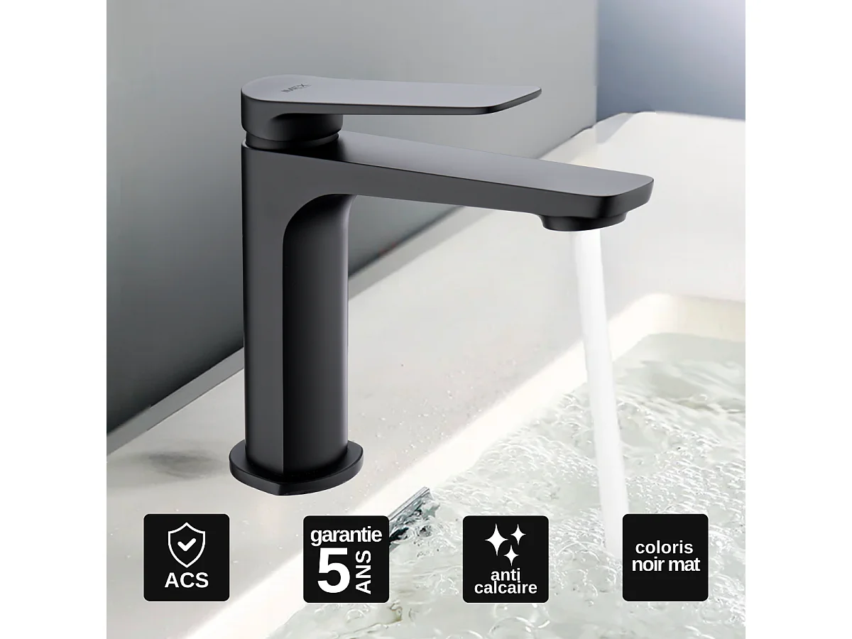 Mitigeur Lavabo Salle de Bain noir mat – Bec Bas Anti-Calcaire – Design Moderne - NAPOLES IMEX