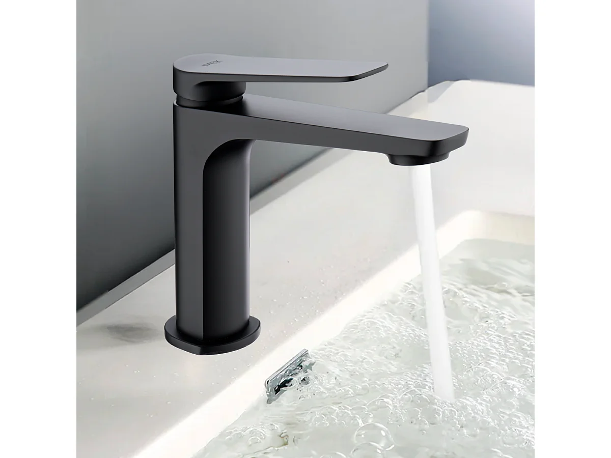 Mitigeur Lavabo Salle de Bain noir mat – Bec Bas Anti-Calcaire – Design Moderne - NAPOLES IMEX