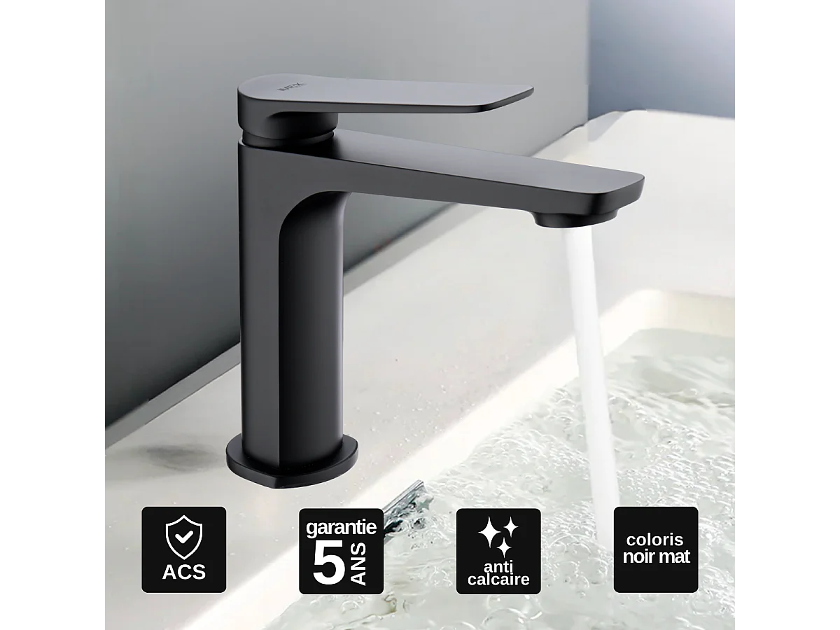 Mitigeur Lavabo Salle de Bain noir mat – Bec Bas Anti-Calcaire – Design Moderne - NAPOLES IMEX