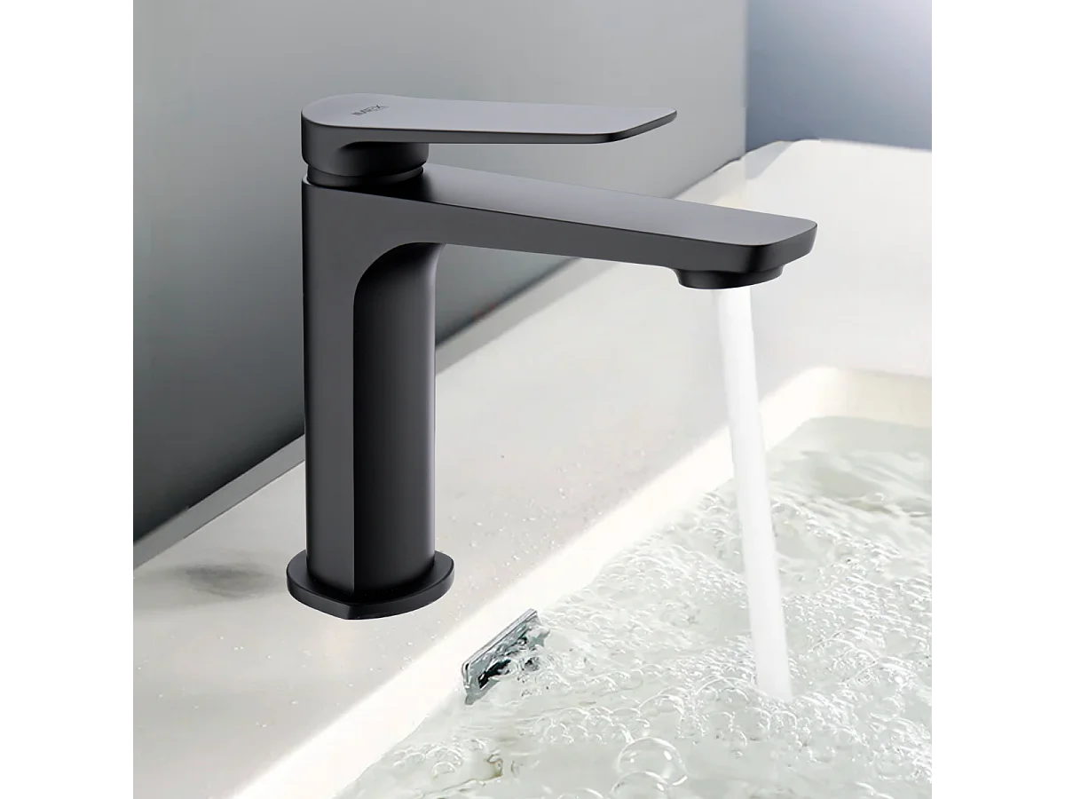 Mitigeur Lavabo Salle de Bain noir mat – Bec Bas Anti-Calcaire – Design Moderne - NAPOLES IMEX