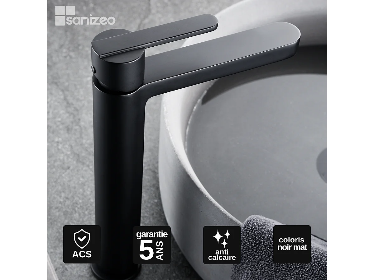 Mitigeur Lavabo Salle de Bain noir mat – Bec Haut Anti-Calcaire – Design moderne - ROMA IMEX