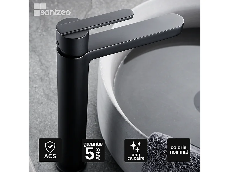 Mitigeur Lavabo Salle de Bain noir mat – Bec Haut Anti-Calcaire – Design moderne - ROMA IMEX