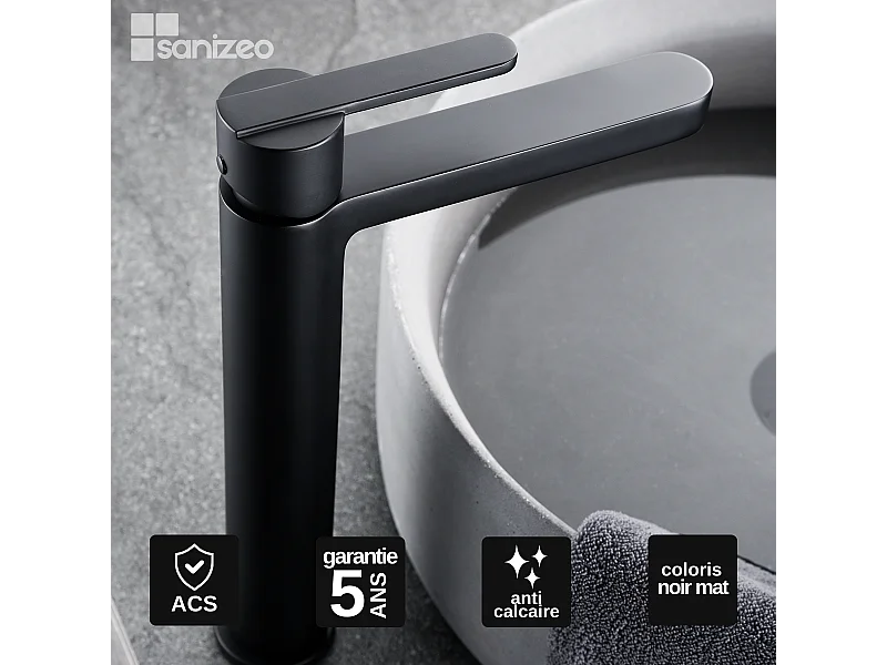 Mitigeur Lavabo Salle de Bain noir mat – Bec Haut Anti-Calcaire – Design moderne - ROMA IMEX