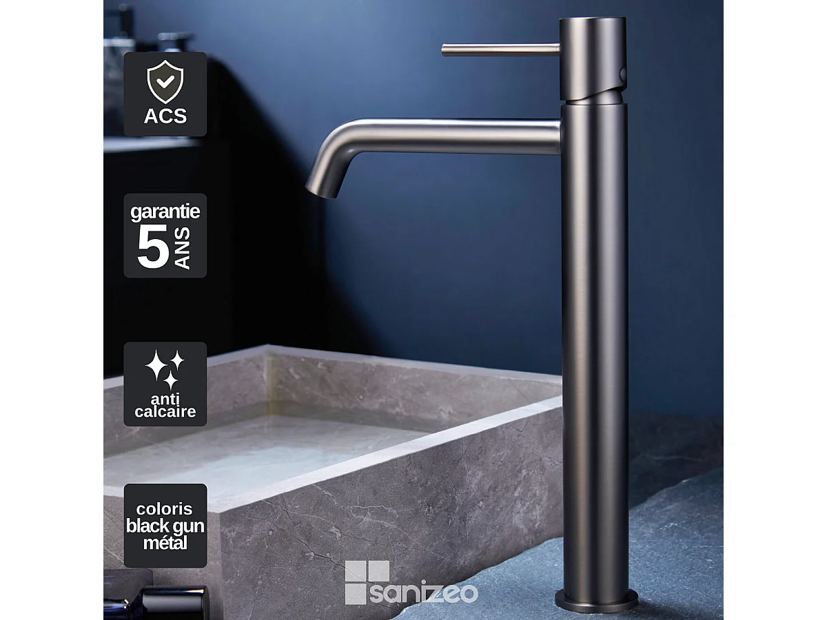 Robinet Mitigeur de Lavabo Anti-Calcaire Bec Haut Black Gun Métal IMEX MONZA BDM039-3BGM