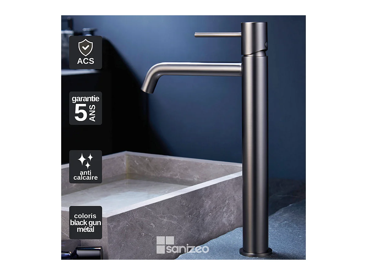Robinet Mitigeur de Lavabo Anti-Calcaire Bec Haut Black Gun Métal IMEX MONZA BDM039-3BGM