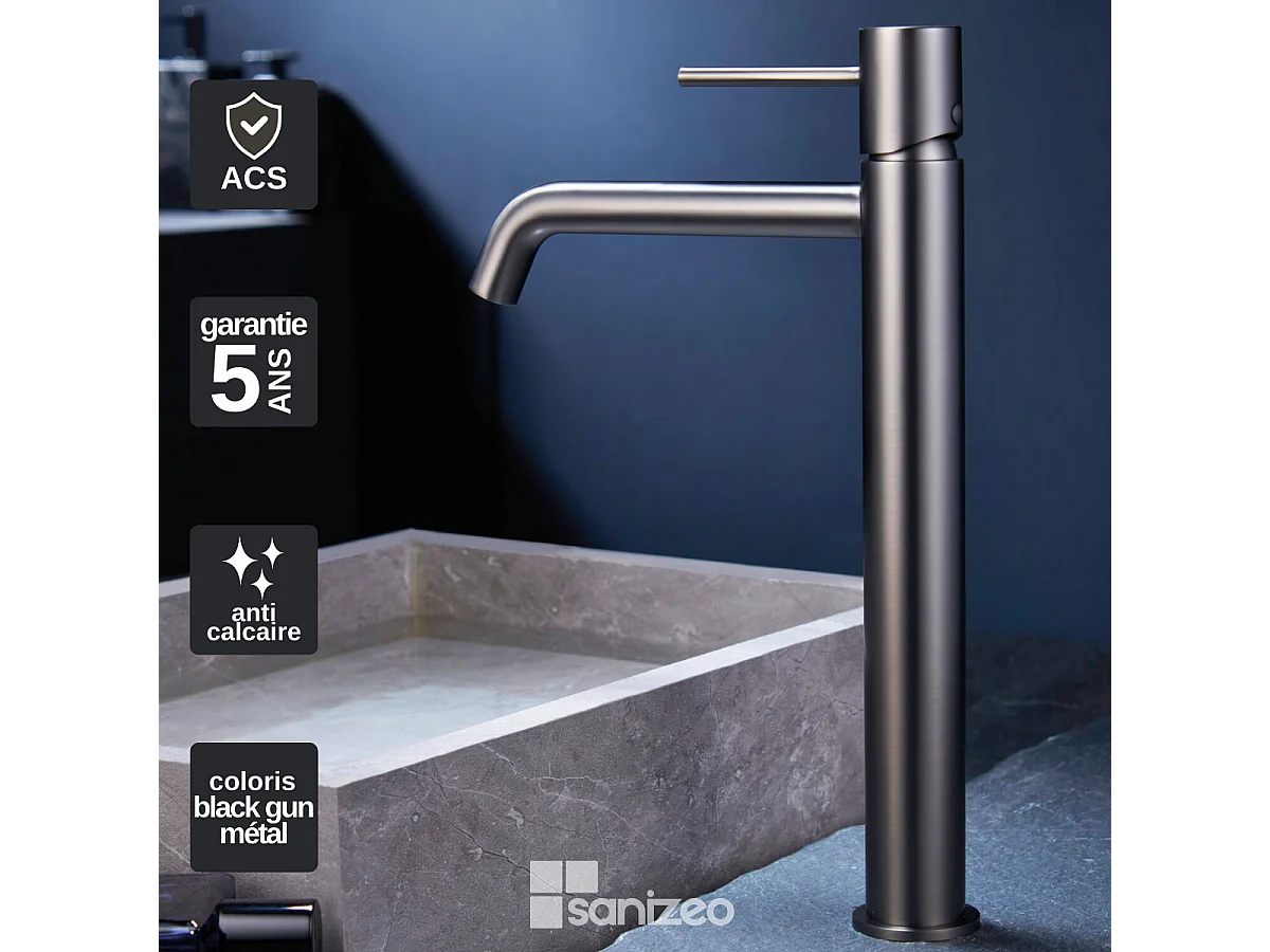 Robinet Mitigeur de Lavabo Anti-Calcaire Bec Haut Black Gun Métal IMEX MONZA BDM039-3BGM