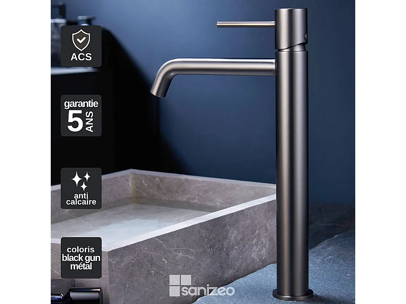 Robinet Mitigeur de Lavabo Anti-Calcaire Bec Haut Black Gun Métal IMEX MONZA BDM039-3BGM