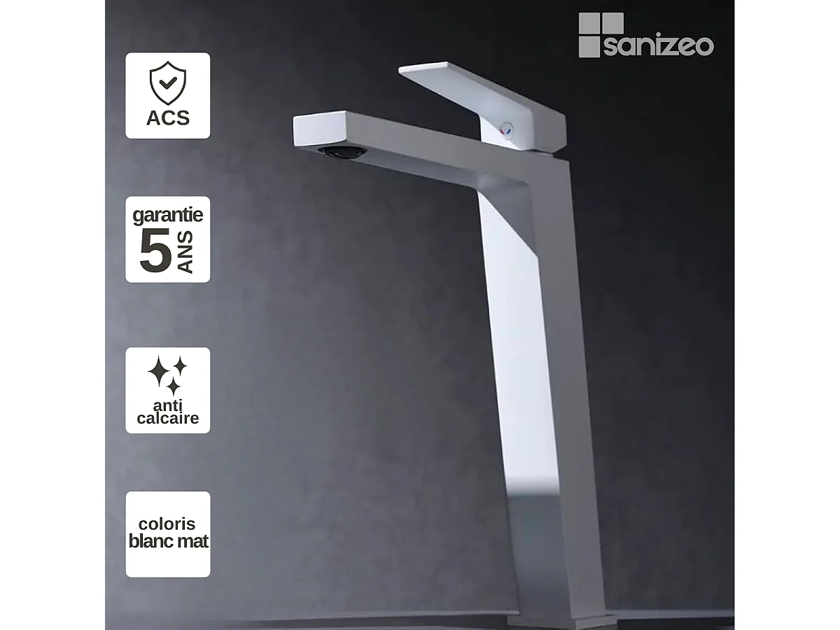 Mitigeur Lavabo Salle de Bain blanc mat – Bec Haut Anti-Calcaire – Design moderne - ART IMEX