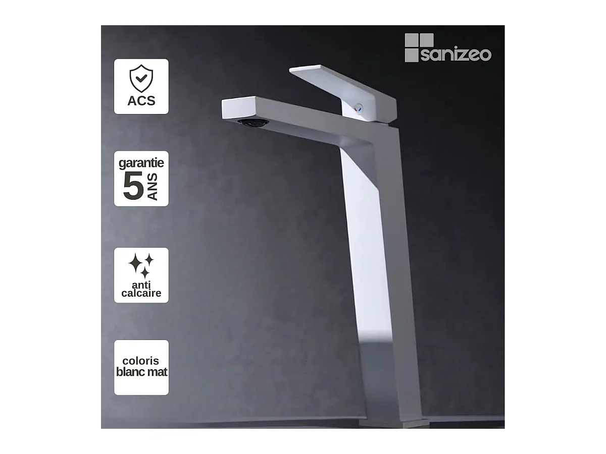 Robinet Mitigeur de Lavabo Anti-Calcaire Bec Haut Blanc Mat IMEX ART BDAR025-3BL