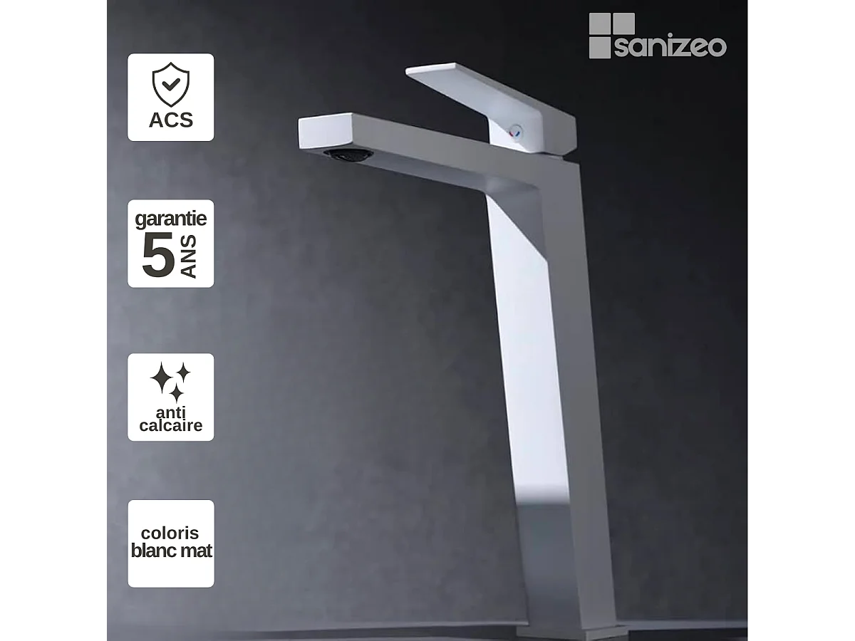 Mitigeur Lavabo Salle de Bain blanc mat – Bec Haut Anti-Calcaire – Design moderne - ART IMEX