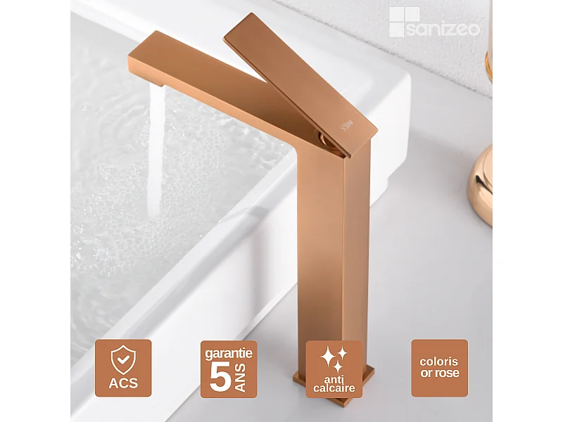 Mitigeur Lavabo Salle de Bain or rose cuivré – Bec Haut Anti-Calcaire – Design moderne - PISA IMEX