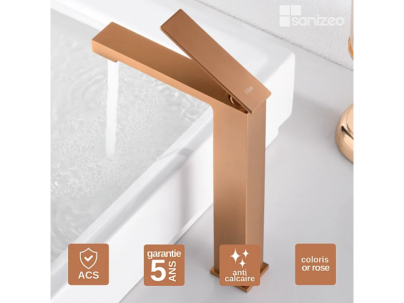 Mitigeur Lavabo Salle de Bain or rose cuivré – Bec Haut Anti-Calcaire – Design moderne - PISA IMEX