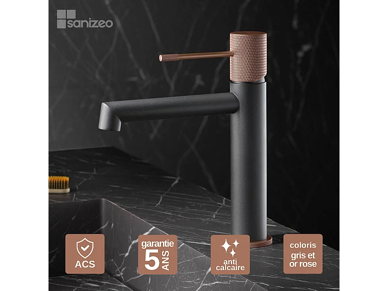 Mitigeur Lavabo Salle de Bain gris/champagne – Bec Bas Anti-Calcaire – Design Moderne - LINE IMEX