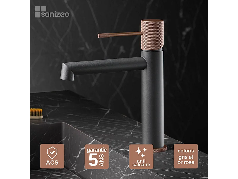 Mitigeur Lavabo Salle de Bain gris/champagne – Bec Bas Anti-Calcaire – Design Moderne - LINE IMEX