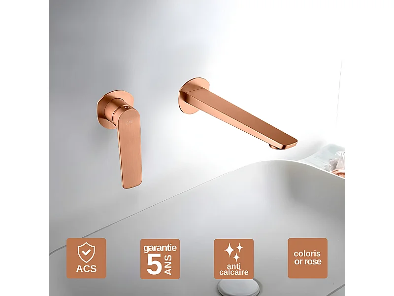 Mitigeur Lavabo Encastré Salle de Bain or rose cuivré – Anti-Calcaire – Design Moderne - NAPOLES IMEX