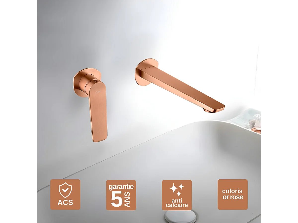 Mitigeur Lavabo Encastré Salle de Bain or rose cuivré – Anti-Calcaire – Design Moderne - NAPOLES IMEX