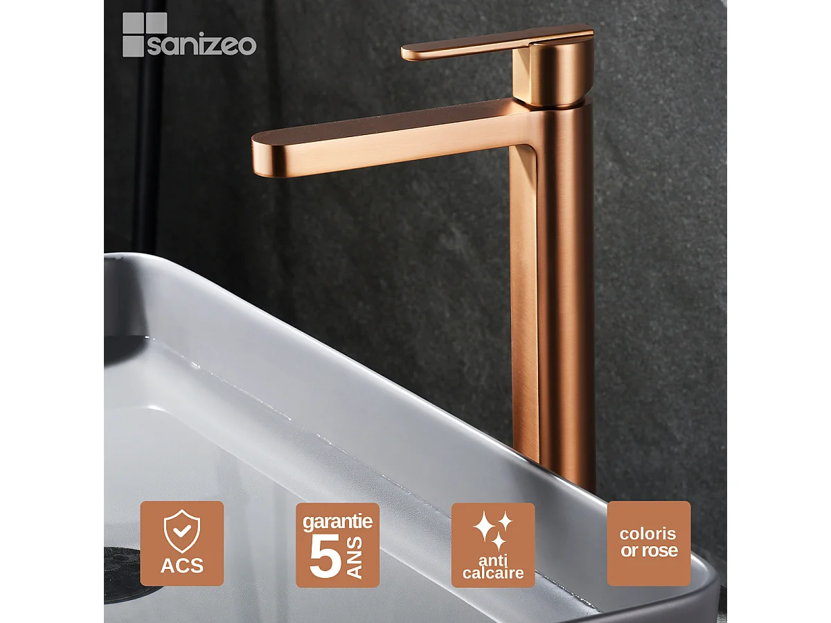 Mitigeur Lavabo Salle de Bain or rose cuivré – Bec Haut Anti-Calcaire – Design moderne - ROMA IMEX