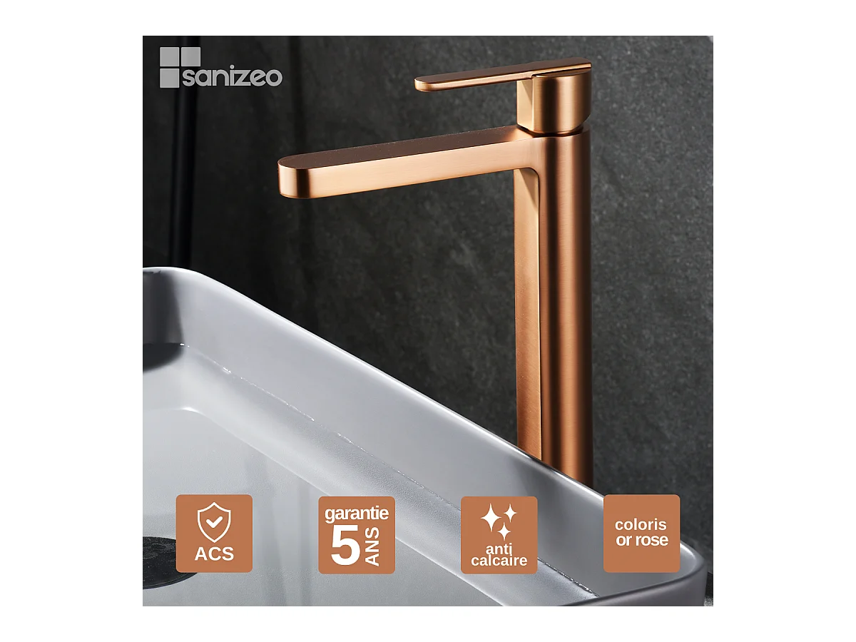 Robinet Mitigeur de Lavabo Anti-Calcaire Bec Haut Or Rose Cuivré IMEX ROMA BDR001-3ORC