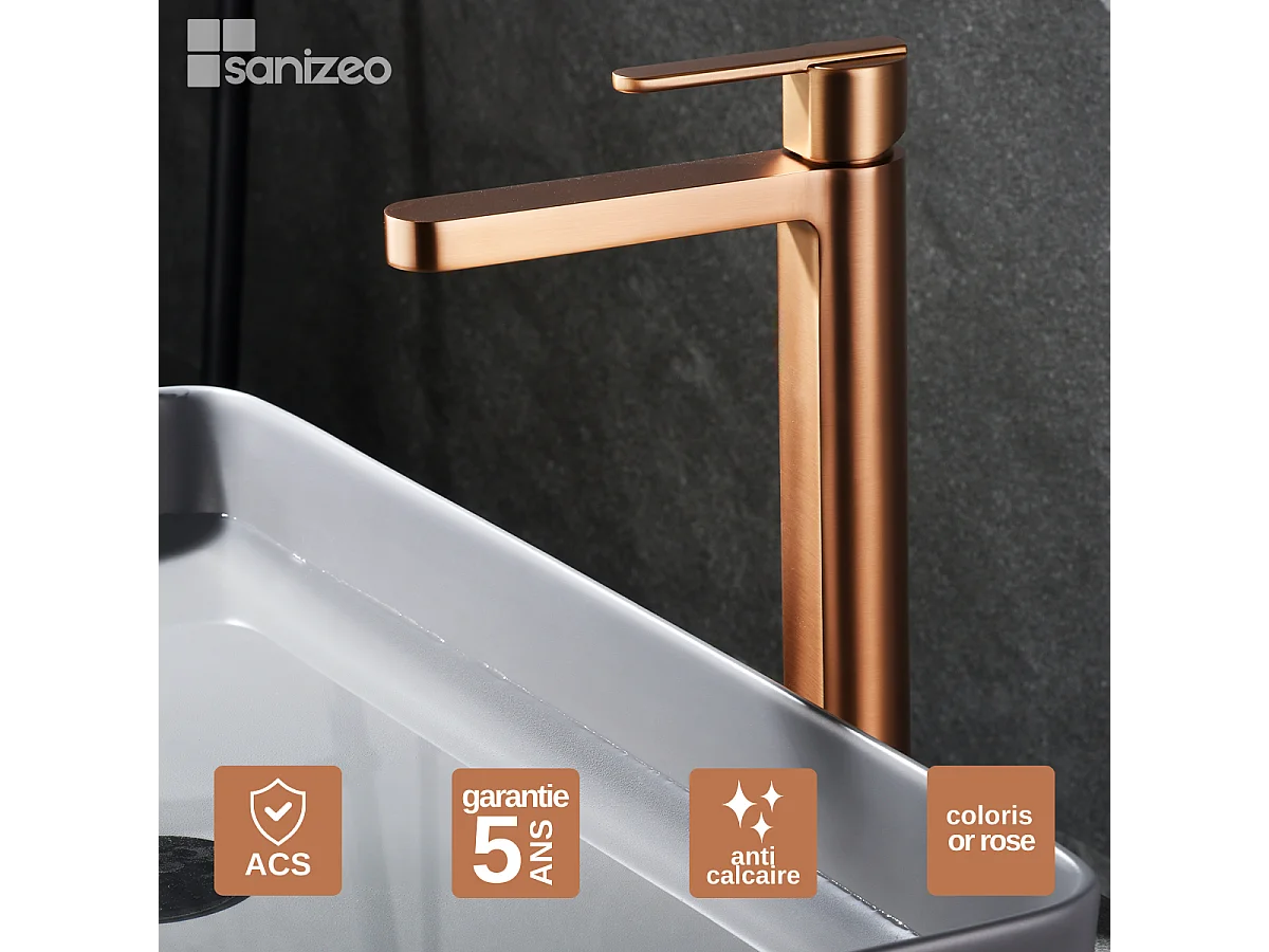 Mitigeur Lavabo Salle de Bain or rose cuivré – Bec Haut Anti-Calcaire – Design moderne - ROMA IMEX
