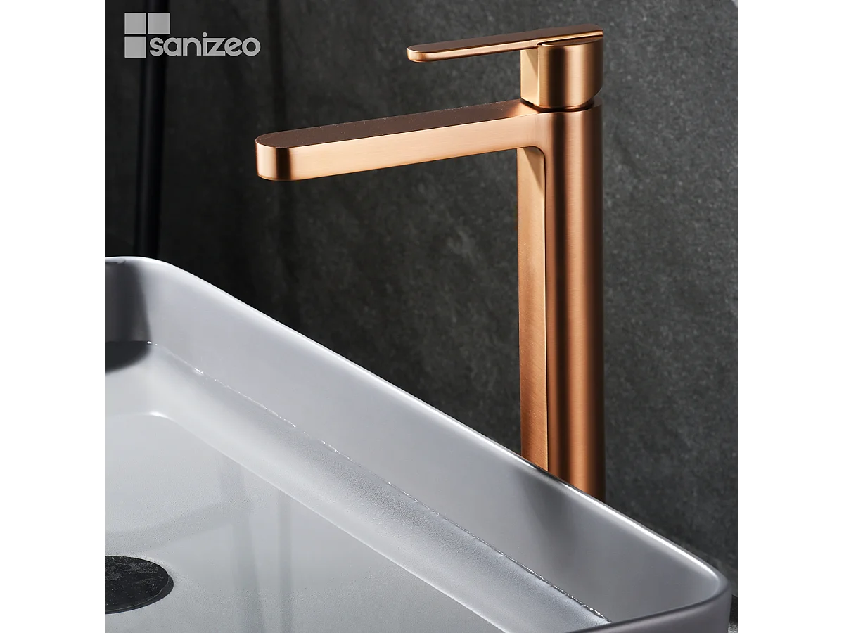 Mitigeur Lavabo Salle de Bain or rose cuivré – Bec Haut Anti-Calcaire – Design moderne - ROMA IMEX