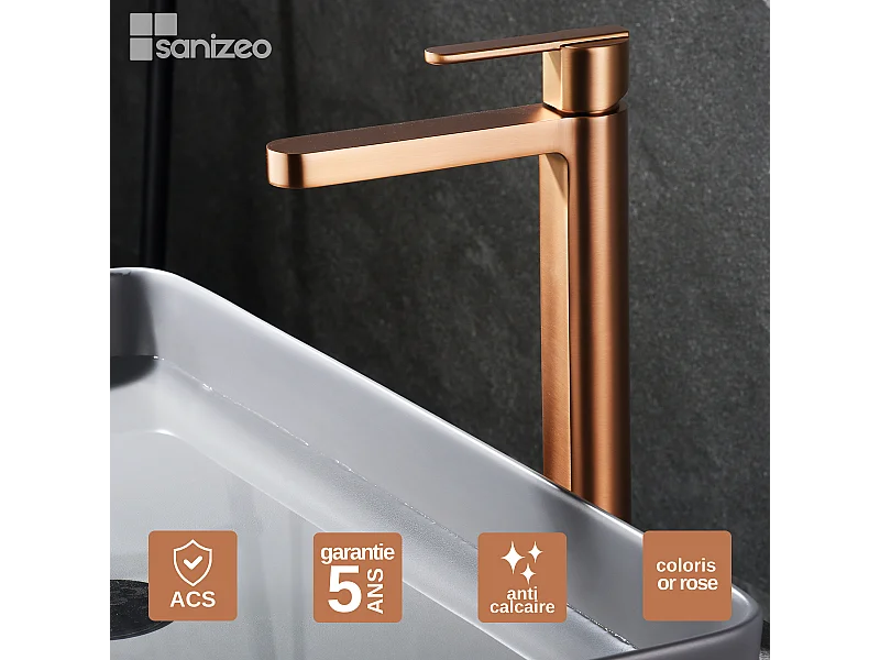 Mitigeur Lavabo Salle de Bain or rose cuivré – Bec Haut Anti-Calcaire – Design moderne - ROMA IMEX