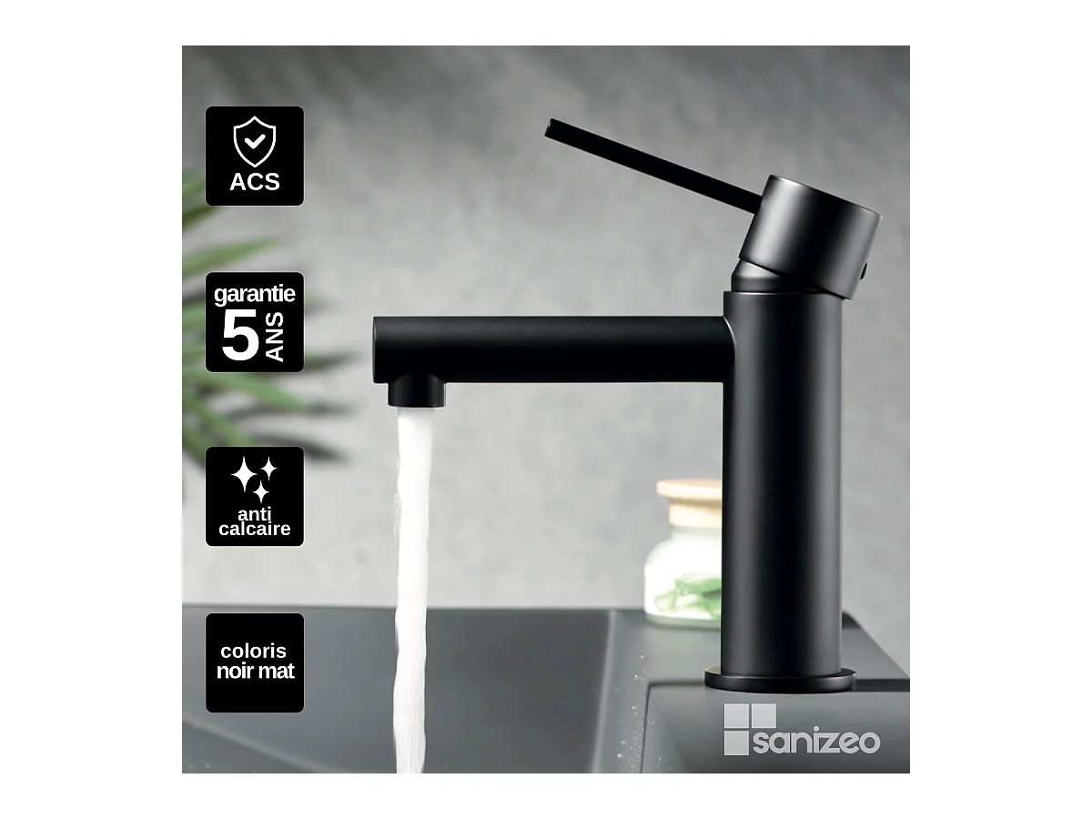Robinet Mitigeur de Lavabo Anti-Calcaire Bec Bas Noir Mat IMEX MILOS STICK BDYS045-1NG