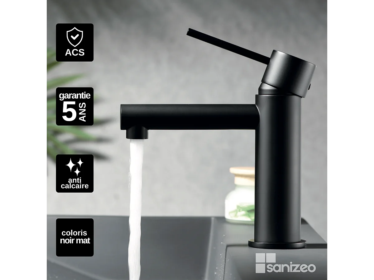 Mitigeur Lavabo Salle de Bain noir mat – Bec Bas Anti-Calcaire – Design Moderne - MILOS STICK IMEX