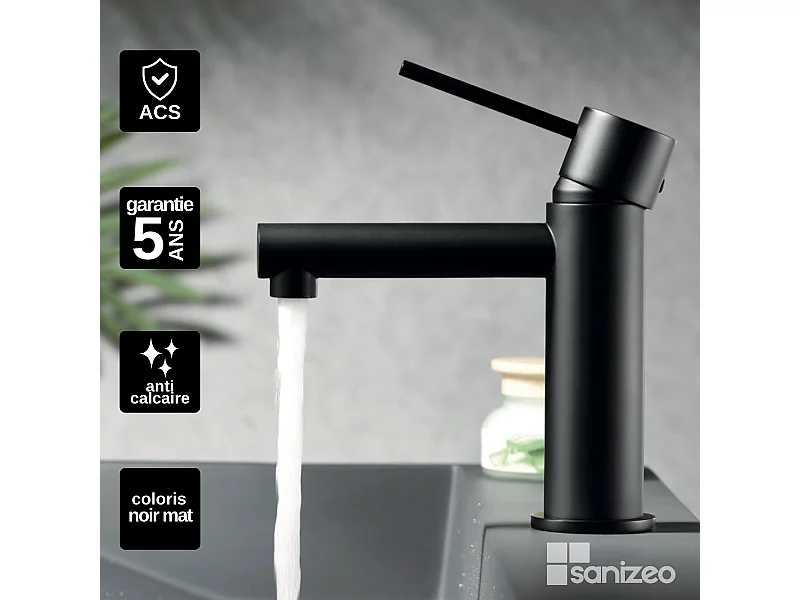 Mitigeur Lavabo Salle de Bain noir mat – Bec Bas Anti-Calcaire – Design Moderne - MILOS STICK IMEX
