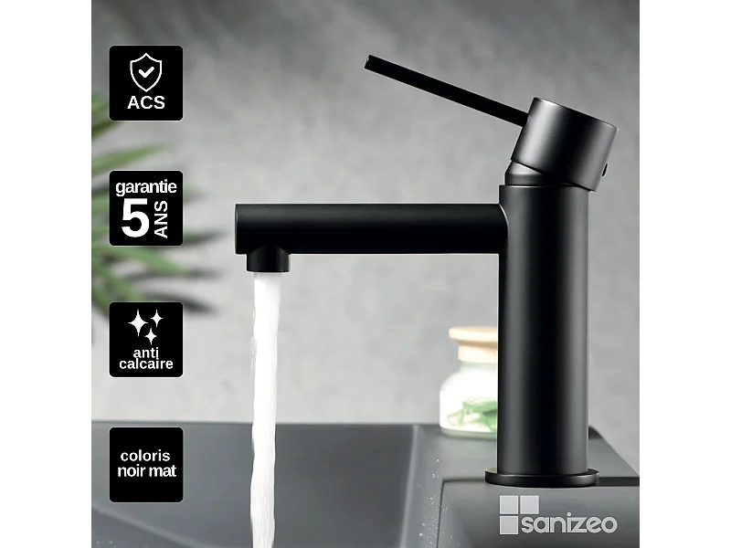 Mitigeur Lavabo Salle de Bain noir mat – Bec Bas Anti-Calcaire – Design Moderne - MILOS STICK IMEX