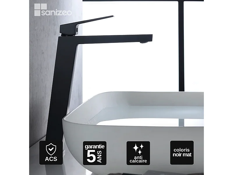 Mitigeur Lavabo Salle de Bain noir mat – Bec Haut Anti-Calcaire – Design moderne - ART IMEX