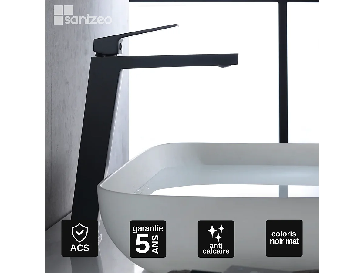 Mitigeur Lavabo Salle de Bain noir mat – Bec Haut Anti-Calcaire – Design moderne - ART IMEX