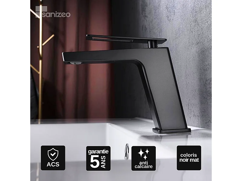Mitigeur Lavabo Salle de Bain noir mat – Bec Bas Anti-Calcaire – Design moderne - SUECIA IMEX
