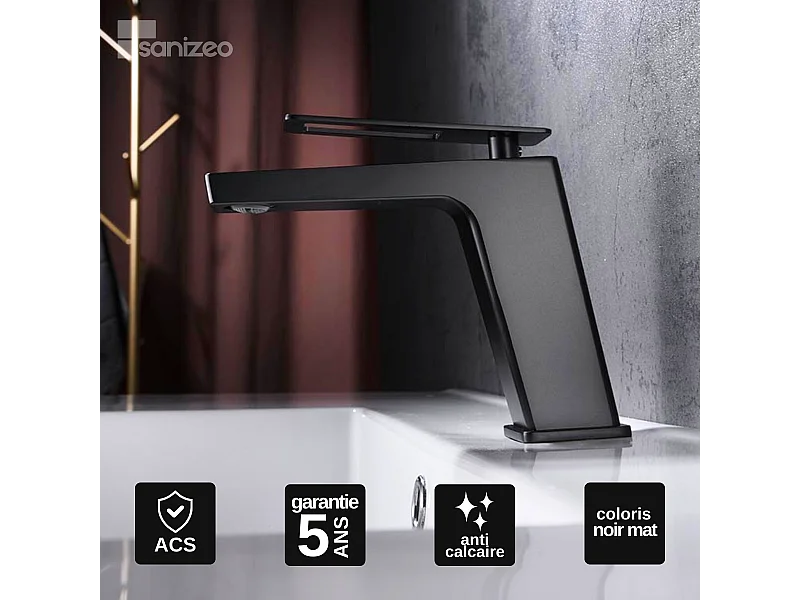 Mitigeur Lavabo Salle de Bain noir mat – Bec Bas Anti-Calcaire – Design moderne - SUECIA IMEX