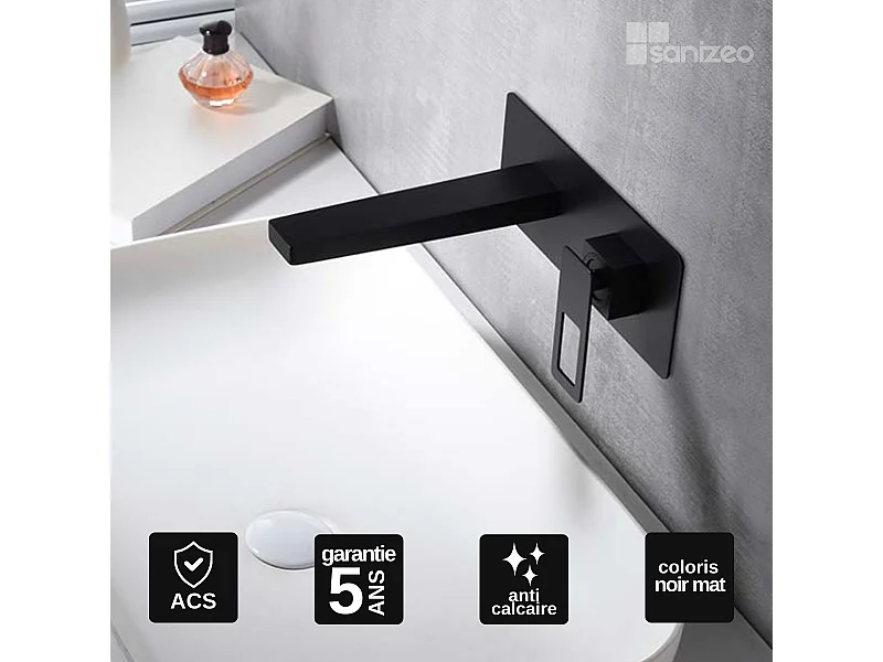 Mitigeur Lavabo Encastré Salle de Bain noir mat – Bec Haut Anti-Calcaire – Design Moderne - SUECIA IMEX