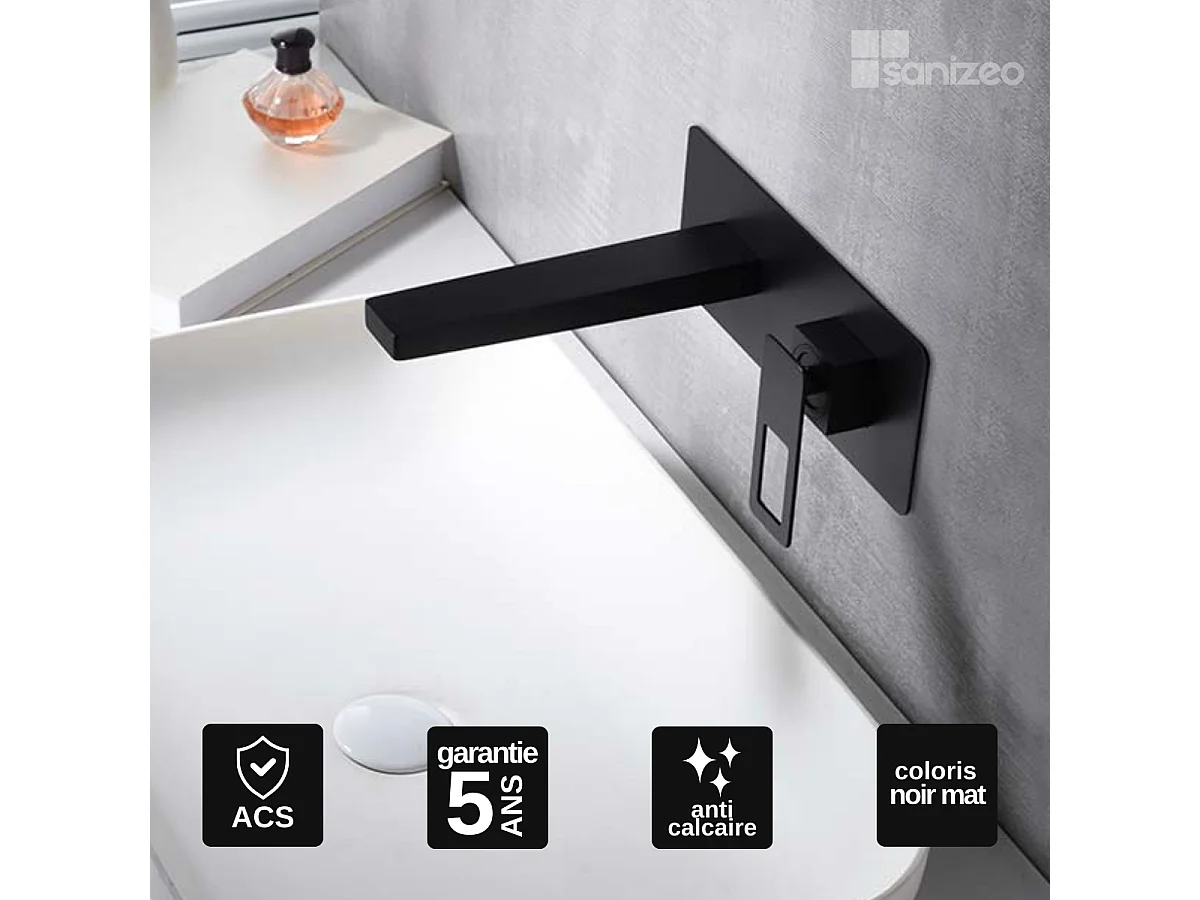 Mitigeur Lavabo Encastré Salle de Bain noir mat – Bec Haut Anti-Calcaire – Design Moderne - SUECIA IMEX