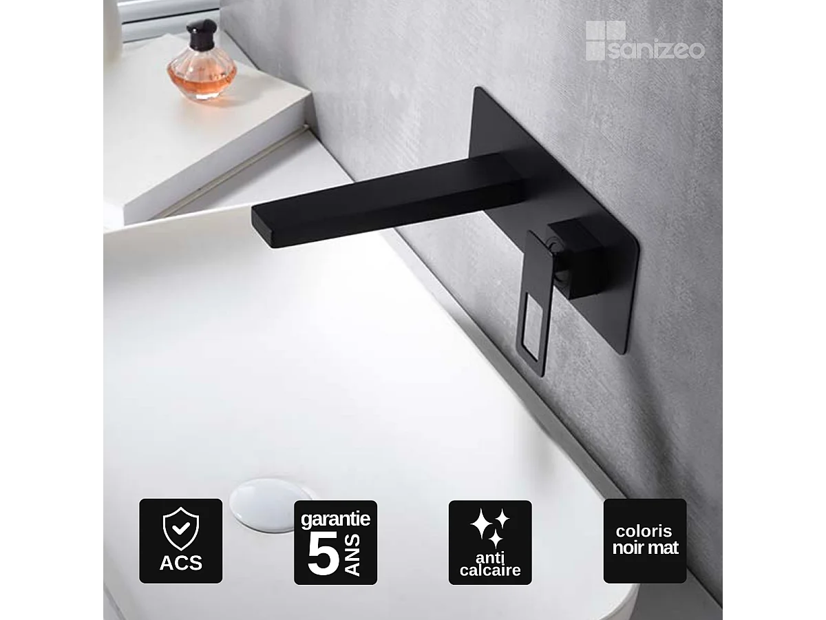 Mitigeur Lavabo Encastré Salle de Bain noir mat – Bec Haut Anti-Calcaire – Design Moderne - SUECIA IMEX