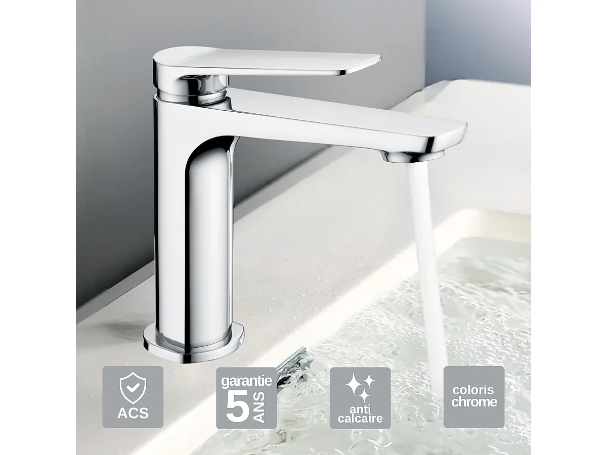Mitigeur Lavabo Salle de Bain chromé – Bec Bas Anti-Calcaire – Design moderne - NAPOLES IMEX