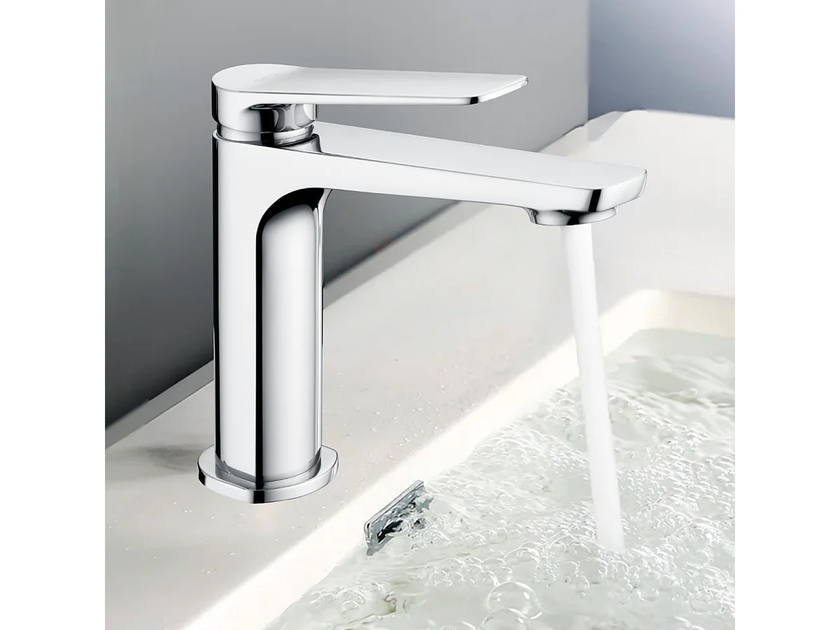 Mitigeur Lavabo Salle de Bain chromé – Bec Bas Anti-Calcaire – Design moderne - NAPOLES IMEX