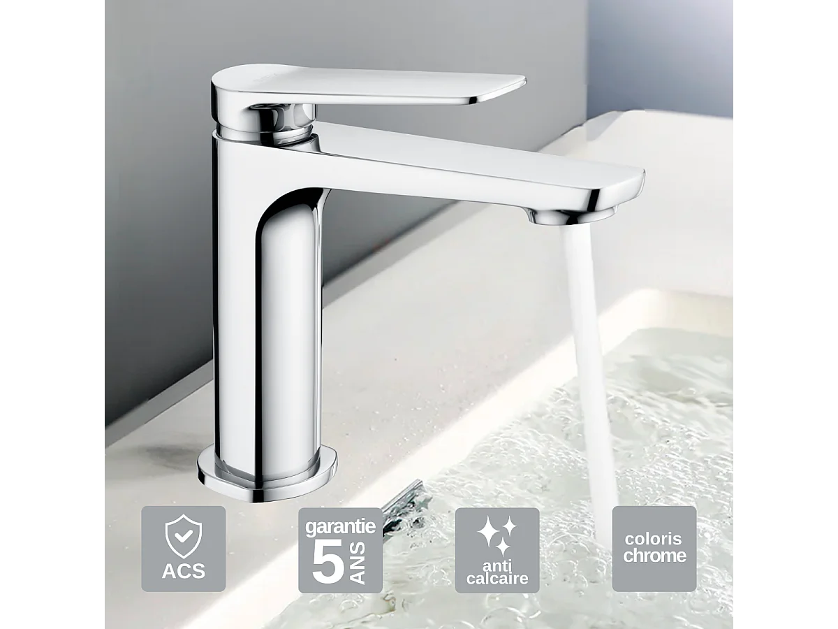 Mitigeur Lavabo Salle de Bain chromé – Bec Bas Anti-Calcaire – Design moderne - NAPOLES IMEX