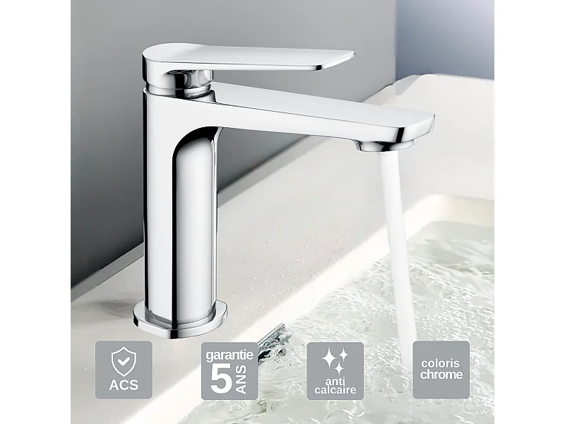 Mitigeur Lavabo Salle de Bain chromé – Bec Bas Anti-Calcaire – Design moderne - NAPOLES IMEX