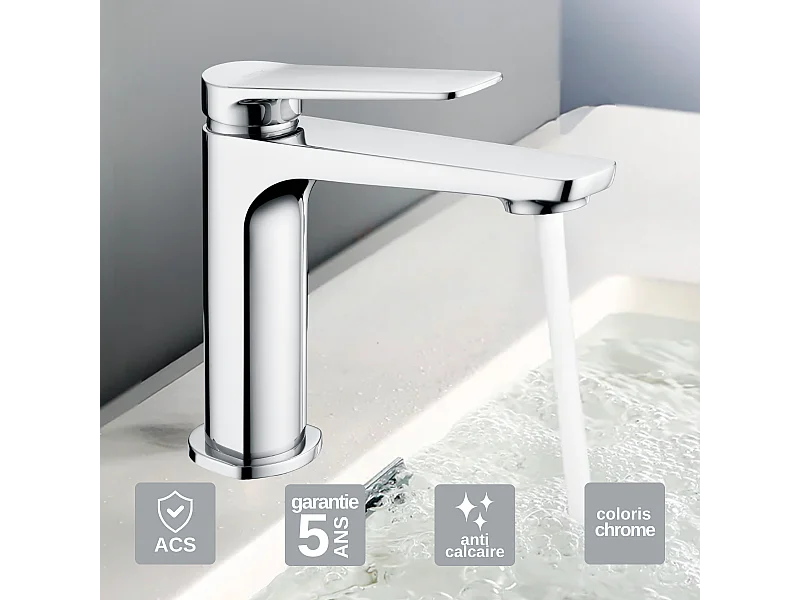 Mitigeur Lavabo Salle de Bain chromé – Bec Bas Anti-Calcaire – Design moderne - NAPOLES IMEX