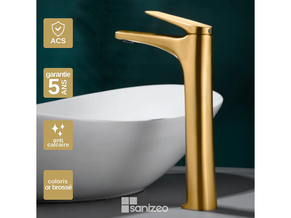 Mitigeur Lavabo Salle de Bain or brossé – Bec Haut Anti-Calcaire – Design moderne - DELOS IMEX