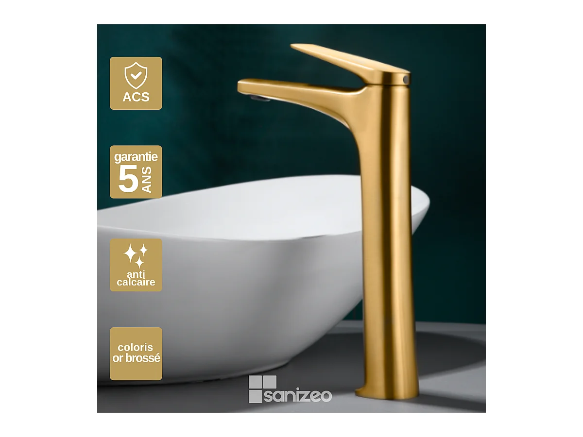 Robinet Mitigeur de Lavabo Bec Haut Anti-Calcaire Or Brossé IMEX DELOS BDD055-3OC