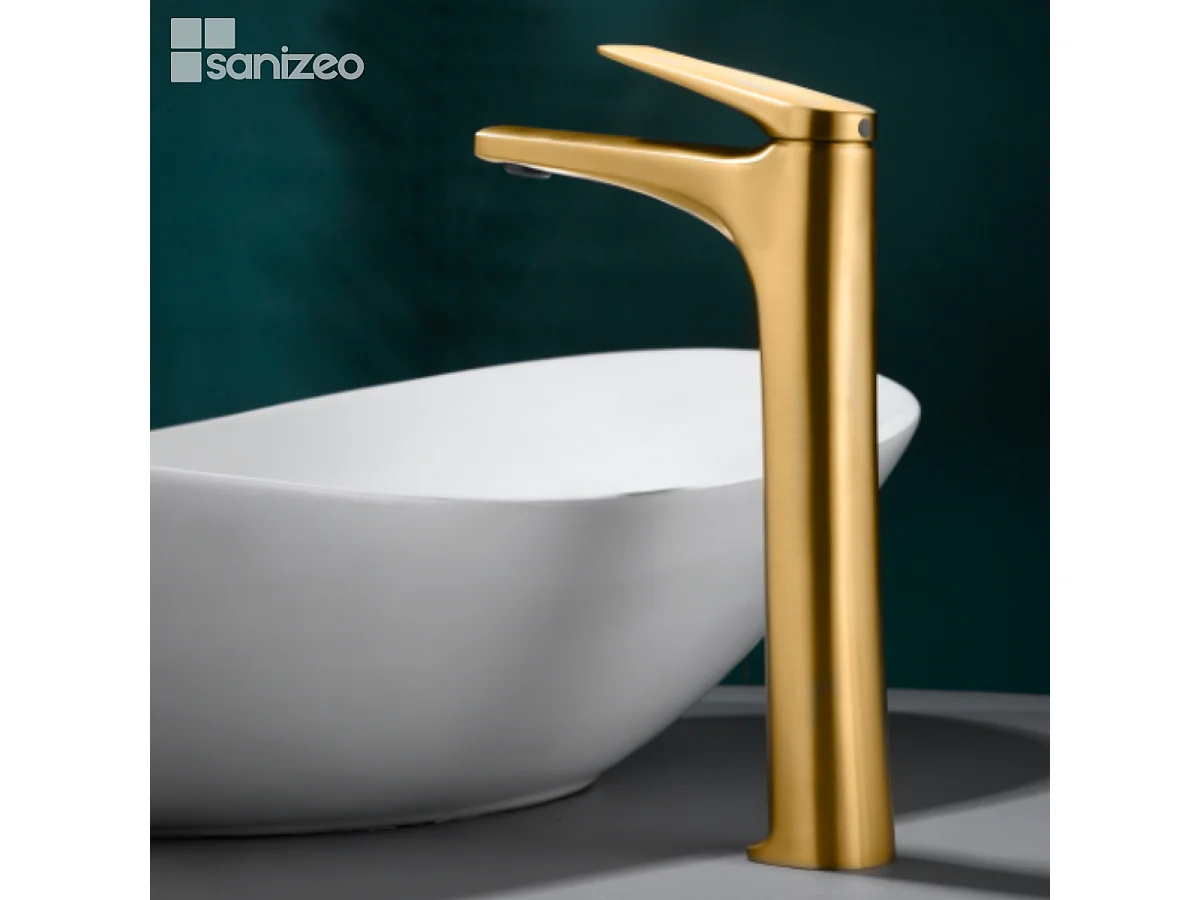 Mitigeur Lavabo Salle de Bain or brossé – Bec Haut Anti-Calcaire – Design moderne - DELOS IMEX