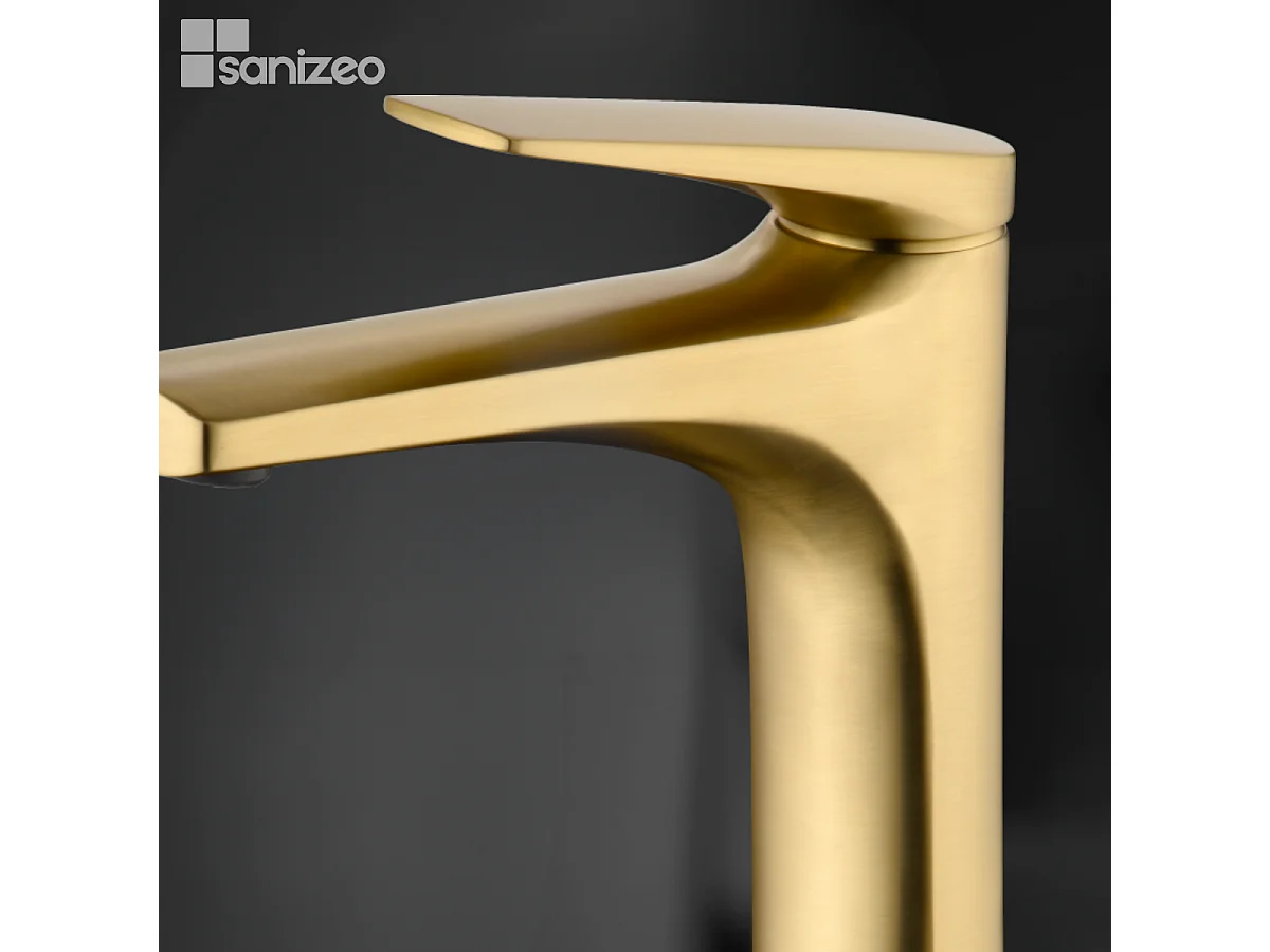 Mitigeur Lavabo Salle de Bain or brossé – Bec Haut Anti-Calcaire – Design moderne - DELOS IMEX