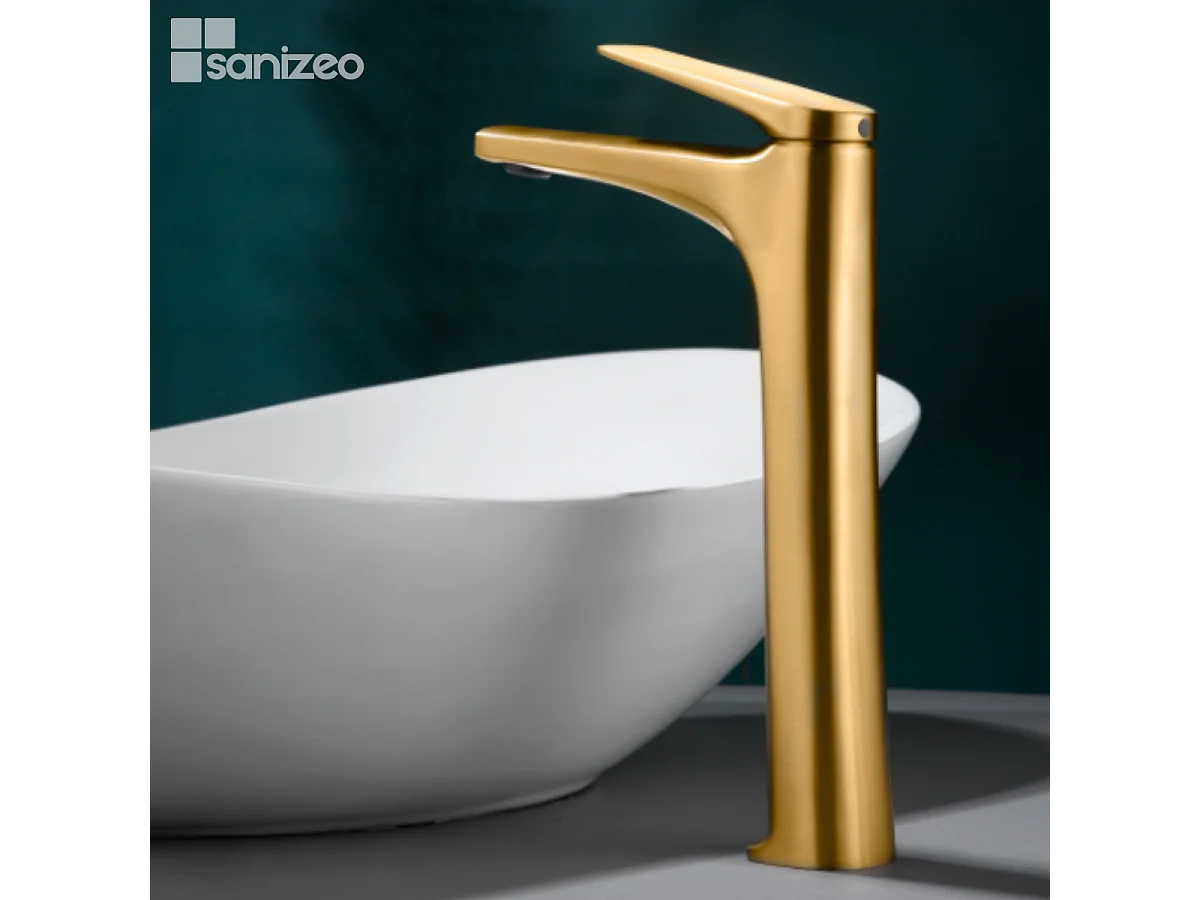 Mitigeur Lavabo Salle de Bain or brossé – Bec Haut Anti-Calcaire – Design moderne - DELOS IMEX