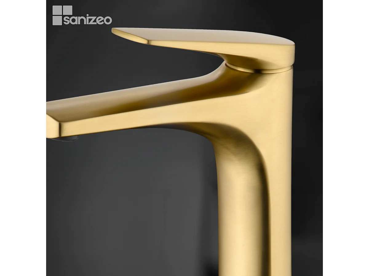 Mitigeur Lavabo Salle de Bain or brossé – Bec Haut Anti-Calcaire – Design moderne - DELOS IMEX