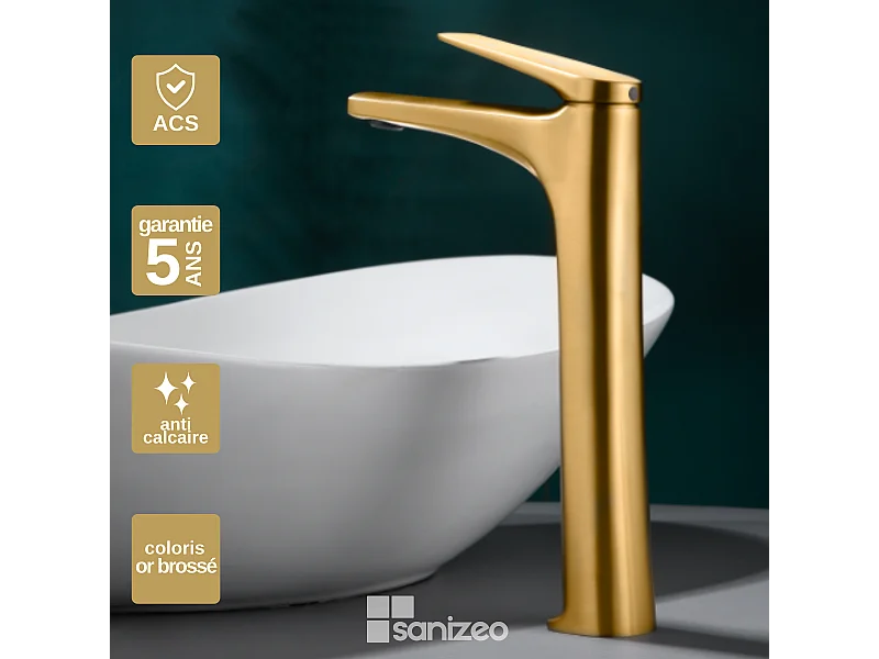 Mitigeur Lavabo Salle de Bain or brossé – Bec Haut Anti-Calcaire – Design moderne - DELOS IMEX